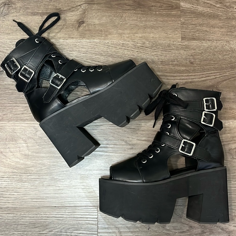 Killstar Charmed cutout platform chunky heel lace up buckle boots
